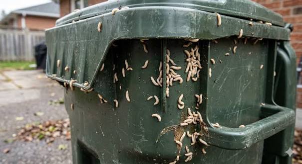 Garbage can lid covered in maggots during a heat wave